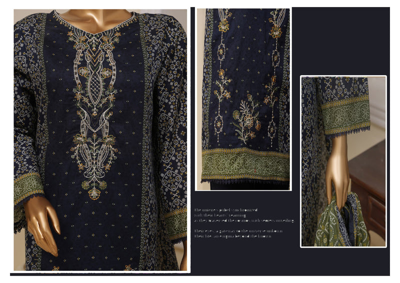 Lawn - Stitched Embroidered 3piece with Lace work - Navy Blue