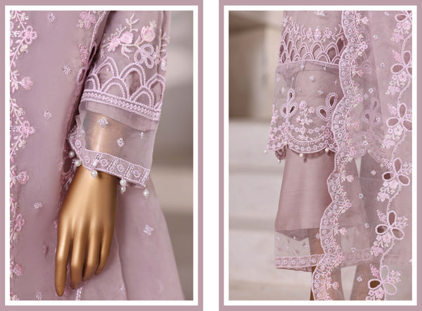 Organza - Stitched Embroidered 3piece with Hand work - Light Purple