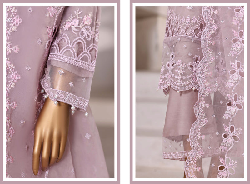 Organza - Stitched Embroidered 3piece with Hand work - Light Purple