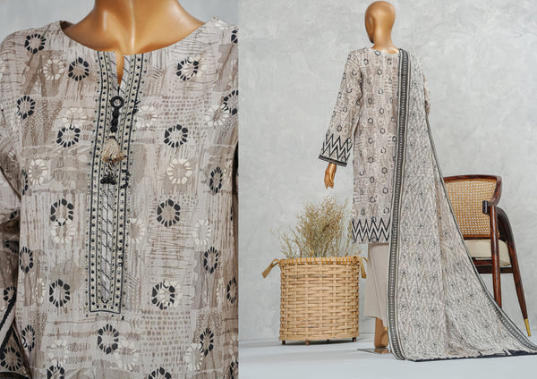 Lawn PrintKari - Stitched Embroidered 3piece with Embroidered Dupatta - Dusty Beige