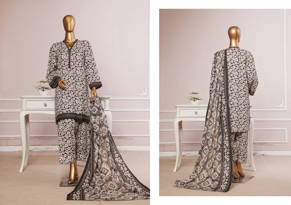 Lawn - Stitched printed 3piece with Farshi Shalwar - Black and white