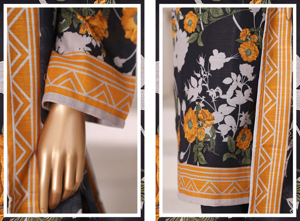 Khaddar - Stitched printed 3piece with Lace work - Black & Yellow