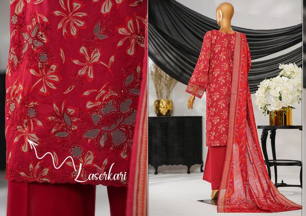 Cotton | Cambric - Stitched Embroidered 3piece with Lace work - Beige Maroon