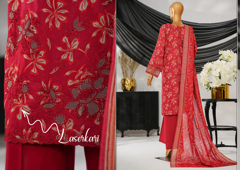 Cotton | Cambric - Stitched Embroidered 3piece with Lace work - Beige Maroon