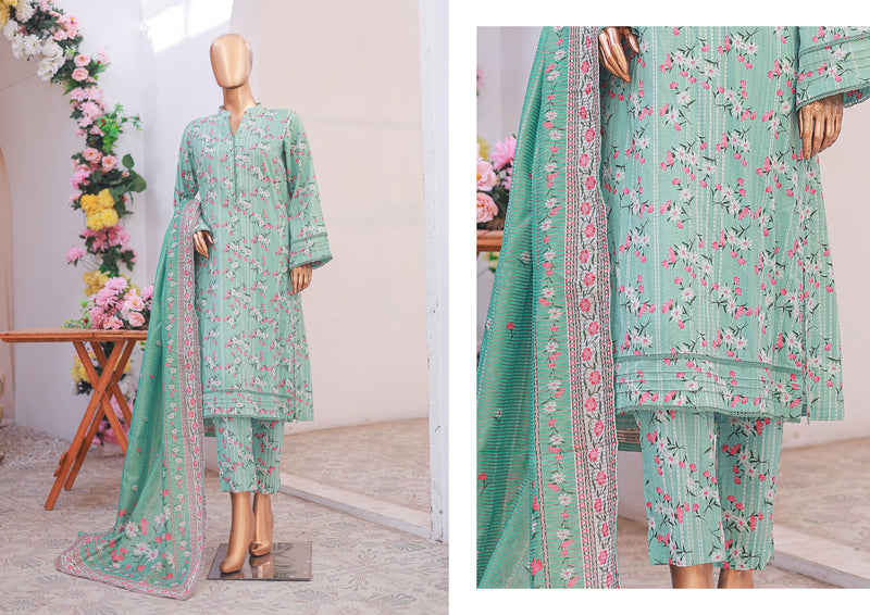 Lawn - Stitched printed 3piece with Lace work - Sea Green