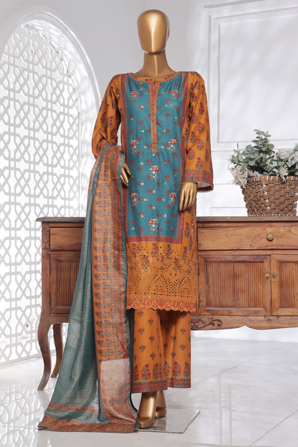 Lawn Chickankari - Stitched Embroidered 3piece with Lace work  - Mustard & Blue