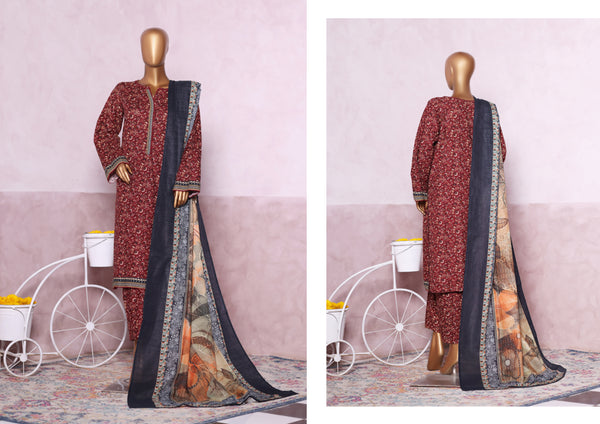 Khaddar - Stitched printed 3piece with Lace work - Maroon