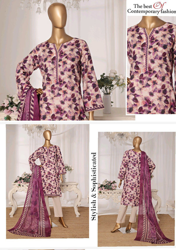 Lawn - Stitched printed 3piece with Lace work - Dark Pink