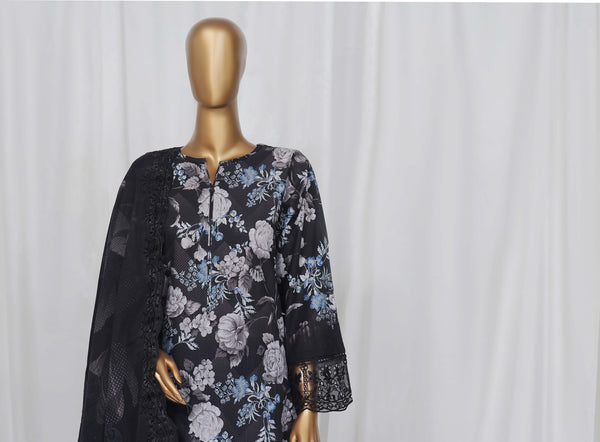 Khaddar - Stitched Embroidered Chikan Kari 3 piece with Laser work and Embroidered Cutwork Dupatta - Black