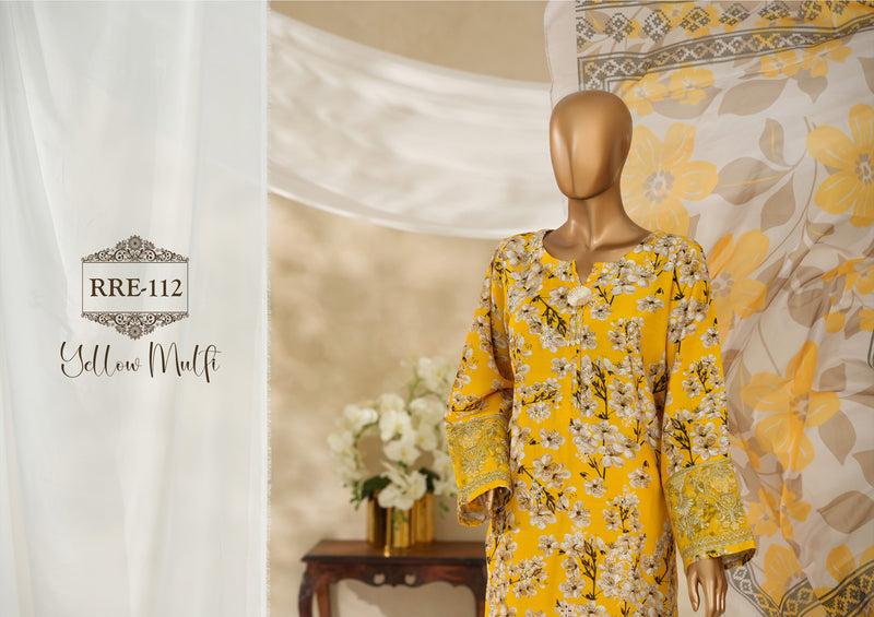 Cambric | Cotton - Stitched printed embroidered silk 3piece with Boring, Cutwork & Mirror work - Yellow Multi