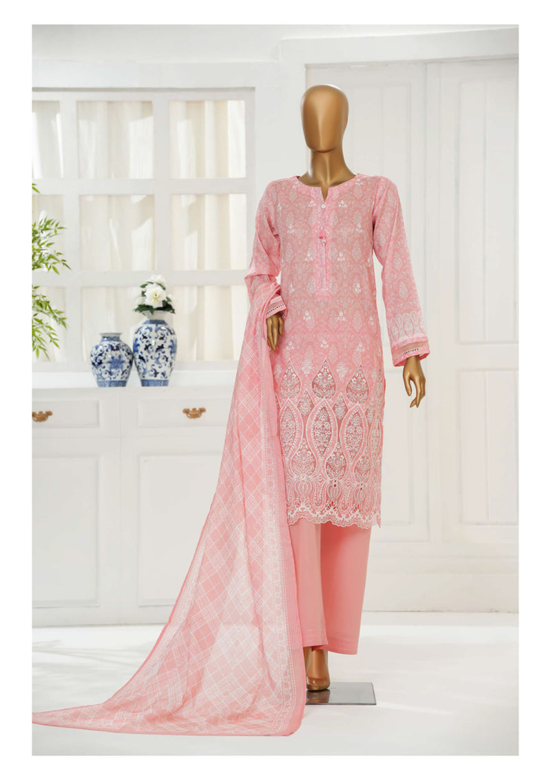 Cambric Chikankari - Stitched Embroidered 3piece with Lace work - Pastel Pink