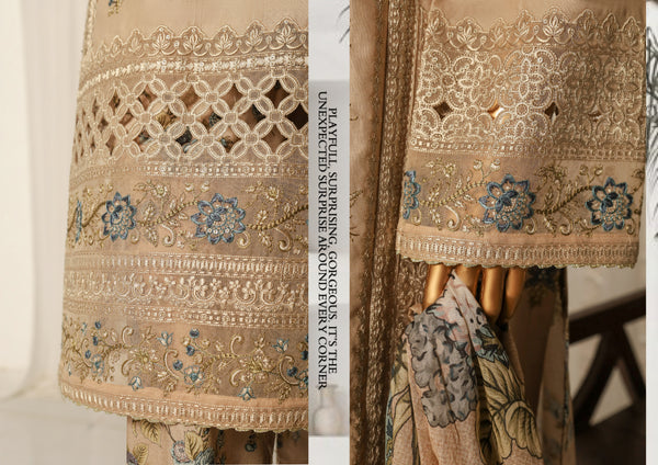 Lawn - Stitched Embroidered 3piece with printed Back & Printed trouser - Skin