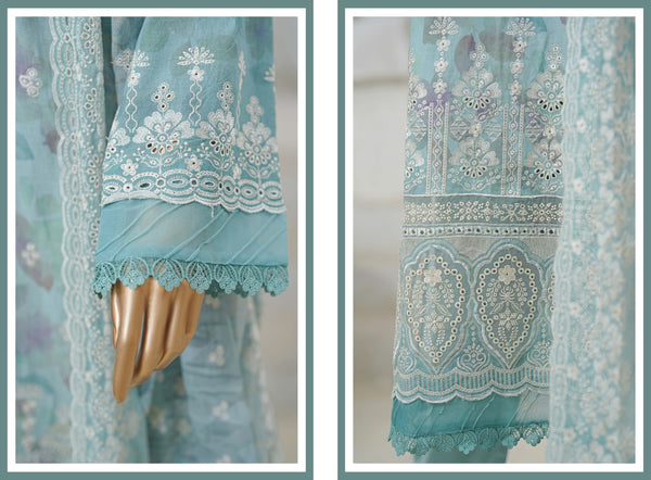 Lawn Chikankari - Stitched Embroidered 3piece with Cutwork and Embroidered Chiffon Dupatta - Light Blue