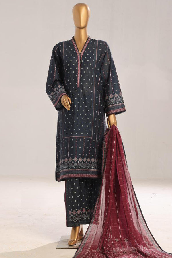 Lawn - Stitched Printed 3piece with Lace work - Blue