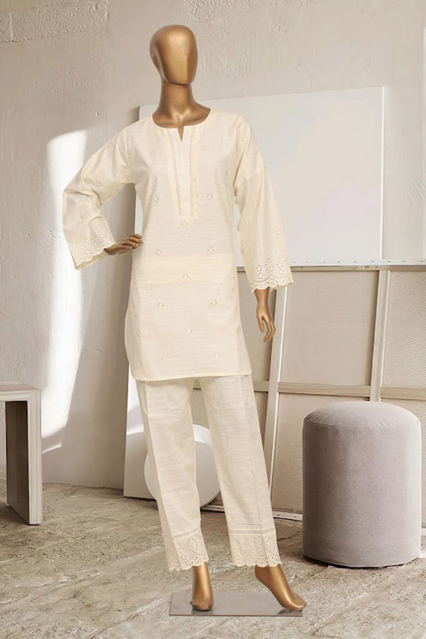 Khaddar Chikan-kari Co-ords - Stitched Kurti & Trouser with schiffli work - Cream