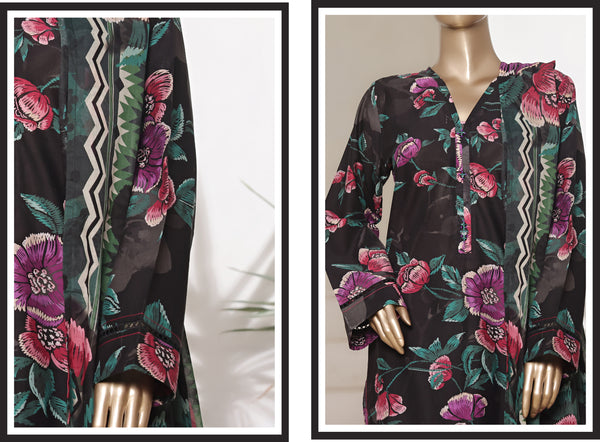 Lawn - Stitched printed 3piece with Lace work - Black
