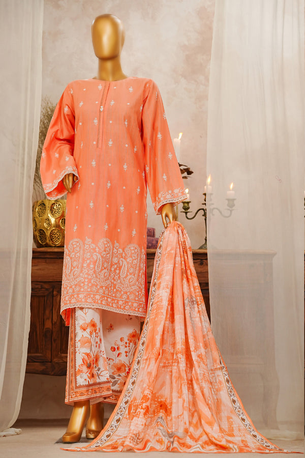 Lawn Slub - Stitched Chikankari Embroidered 3piece with Lace work - Orange