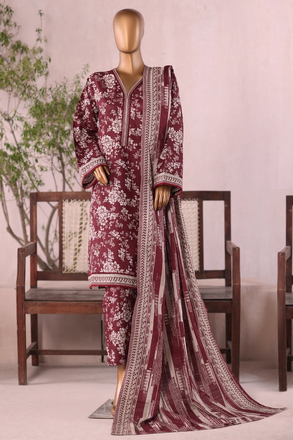 Khaddar - Stitched  printed 3piece with Lace work  -  Reddish - Brown
