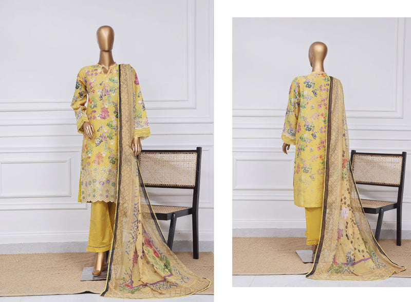 Lawn - Stitched Print Chikankari Embroidered 3piece with Chiffon Dupatta - Yellow