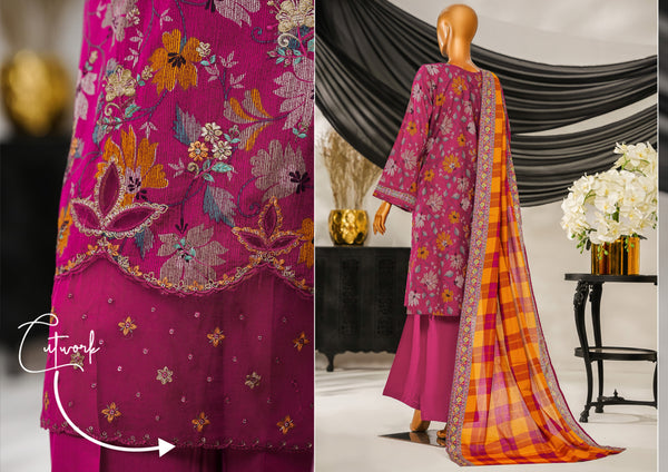 Cotton | Cambric - Stitched Embroidered 3piece with Lace work - Multi Magenta