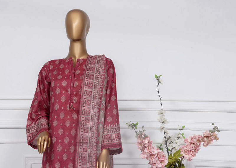 Lawn - Stitched Printed 3piece with Lace work - Maroon