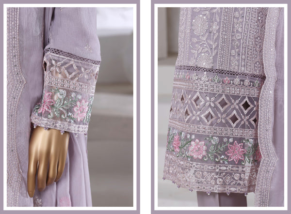 Chiffon - Stitched Formal Embroidered 3piece with Hand work - Coral