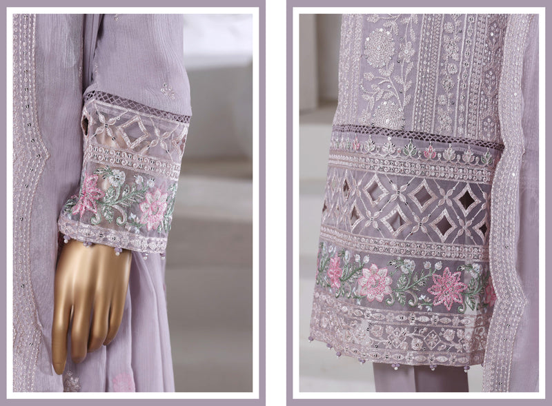 Chiffon - Stitched Formal Embroidered 3piece with Hand work - Coral