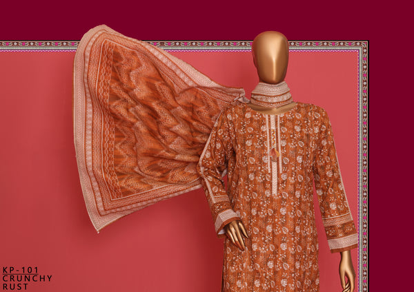 Khaddar - Stitched printed 3piece ready to wear - Crunchy Rust