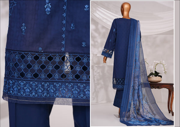 Cambric | Cotton - Stitched Embroidered Printed 3piece with Nannokara Dupatta - Midnight Blue