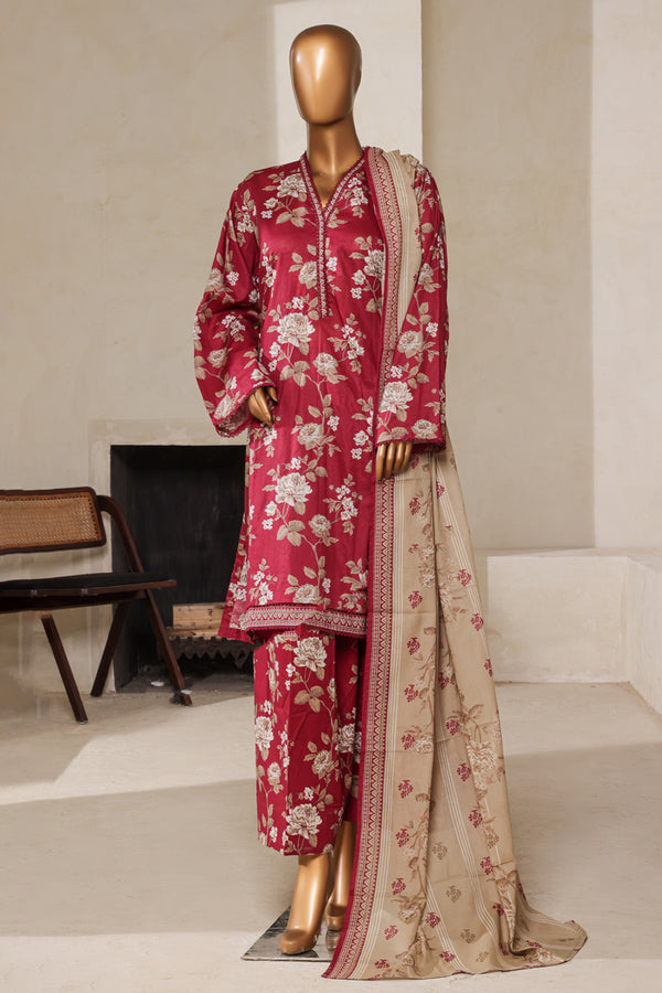 Lawn - Stitched printed 3piece with Farshi shalwar - Red