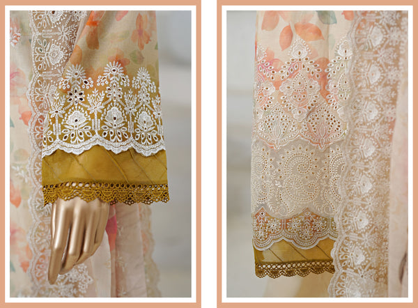 Lawn - Stitched Embroidered 3piece with Cutwork & Printed chiffon Dupatta - Peach