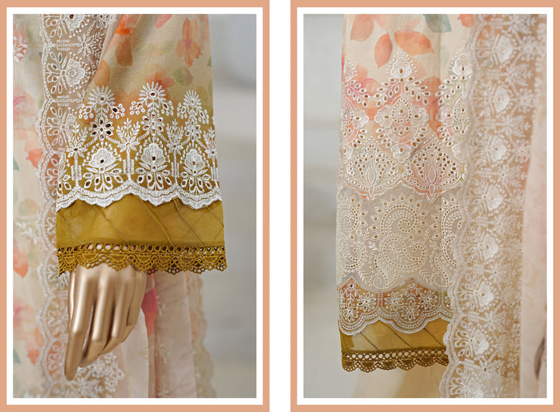 Lawn - Stitched Embroidered 3piece with Cutwork & Printed chiffon Dupatta - Peach