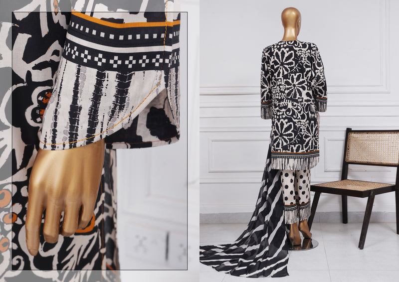 Lawn - Stitched Printed 3 piece with Chiffon Dupatta - Black Mustard
