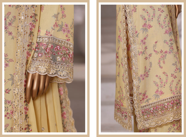 Luxury viscose - Stitched Embroidered 3piece with Chiffon embroidered Dupatta - Yellow