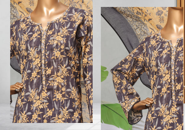 Lawn - Stitched printed 3piece with Lace work - Black & Yellow