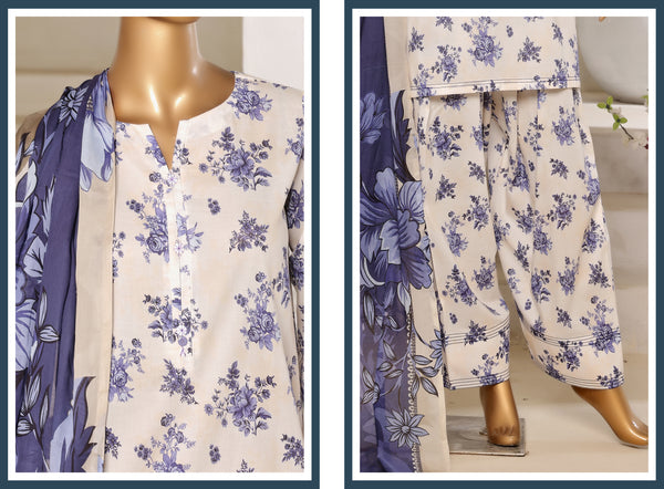 Lawn - Stitched printed 3piece with Farshi shalwar - White