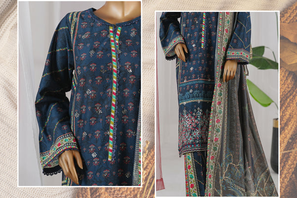 Lawn - Stitched Embroidered 3piece with Zari work & Lace work - Blue