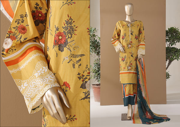 Cambric | Cotton - Stitched printed 3piece with Bamber chiffon Dupatta - Yellow