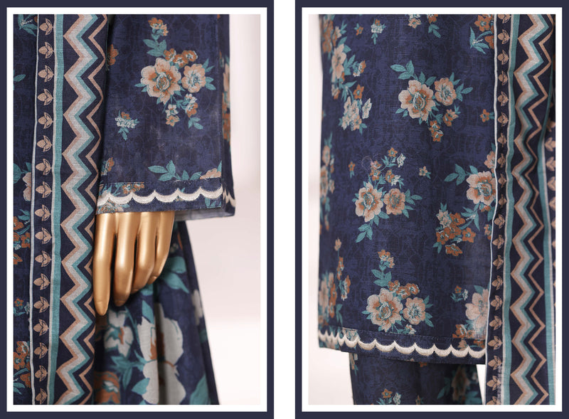 Khaddar - Stitched Embroidered 3piece collection with Lace work - Dark Blue