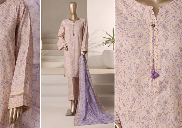 Cambric - Stitched printed 3piece with Lace work - Crunch Beige