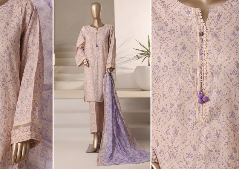 Cambric - Stitched printed 3piece with Lace work - Crunch Beige