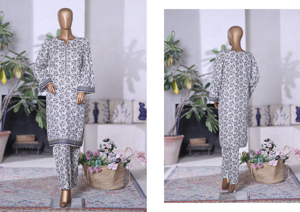 Khaddar Co-Ords - Stitched printed Kurti & trouser with Lace work - White