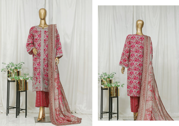 Lawn (front open style) - Stitched Embroidered 3piece with Lace work - Pink