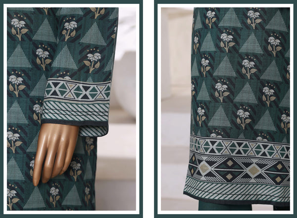 Khaddar - Printed 3piece collection with Lace work - Dark Green