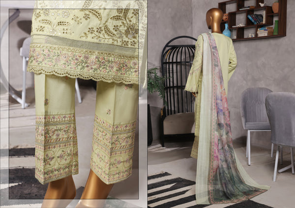 Lawn - Stitched Self Jacqaurd Embroidered 3piece with Emb trouser - Green