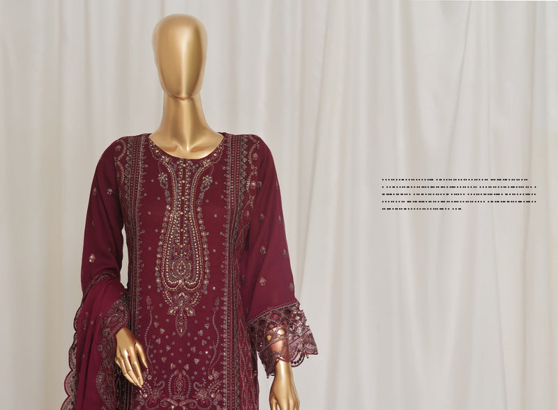 Formal Luxury Chiffon - Stitched Embroidered 3piece with Emb Dupatta - Maroon