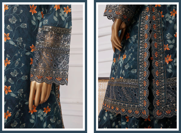 Lawn Farshi- Stitched Embroidered 3piece with Farshi shalwar - Dark Green