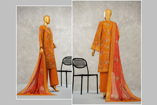 Lawn - Stitched Digital Printed Embroidered 3piece with Boring work - Orange