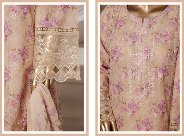 Lawn - Stitched Digital Printed Embroidered 3piece with Lace work - Skin