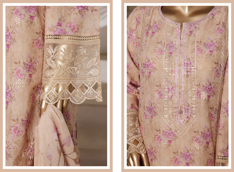 Lawn - Stitched Digital Printed Embroidered 3piece with Lace work - Skin
